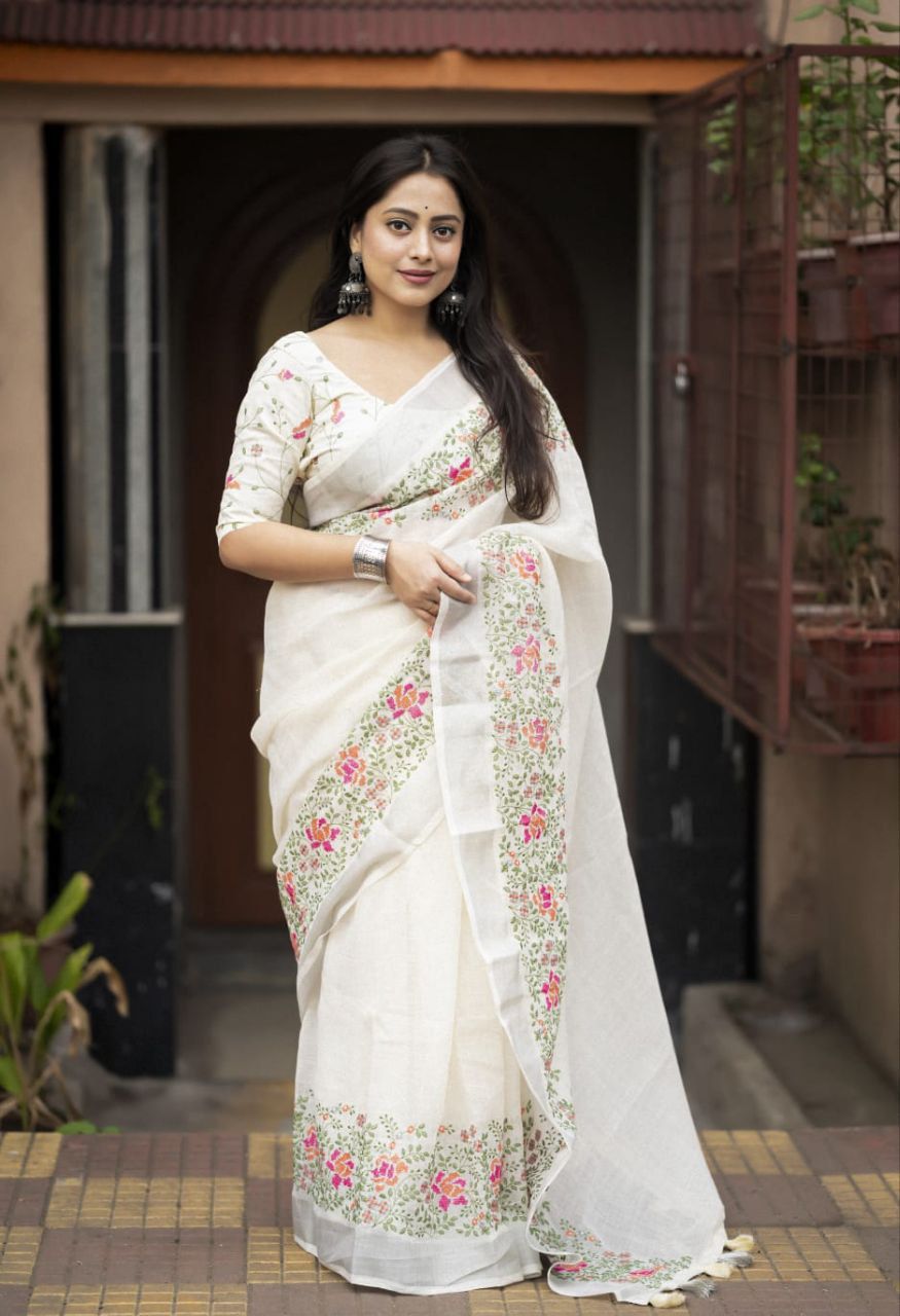 Off-White Pure Linen Hand Floral Embroidery Work Saree