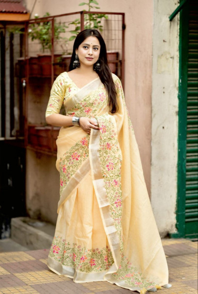 Image of Yellow Pure Linen Hand Floral Embroidery Work Saree