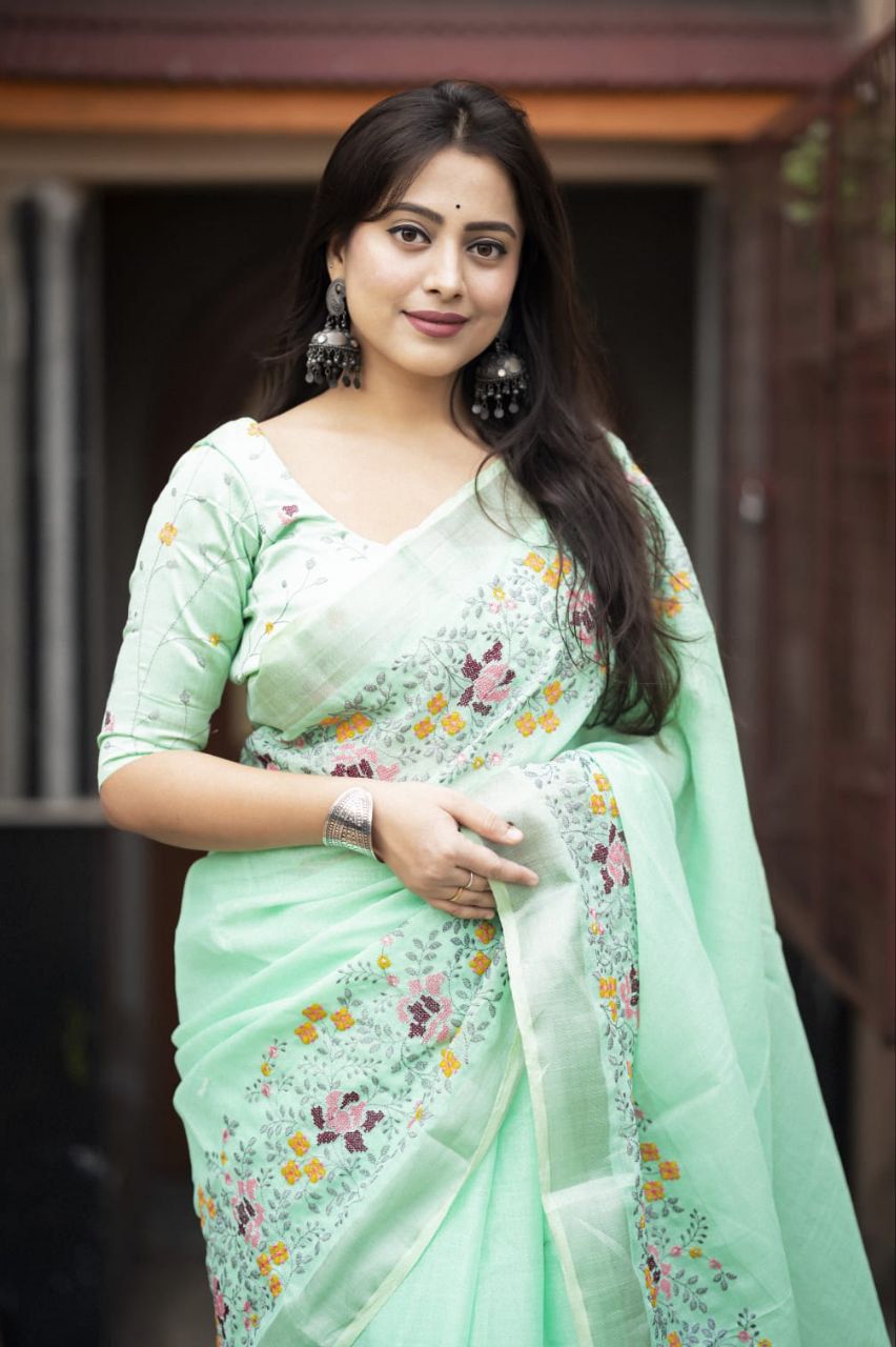 C-Green Pure Linen Hand Floral Embroidery Work Saree