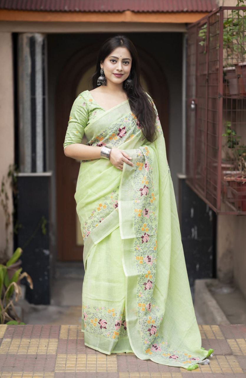 Olive Green Pure Linen Hand Floral Embroidery Work Saree