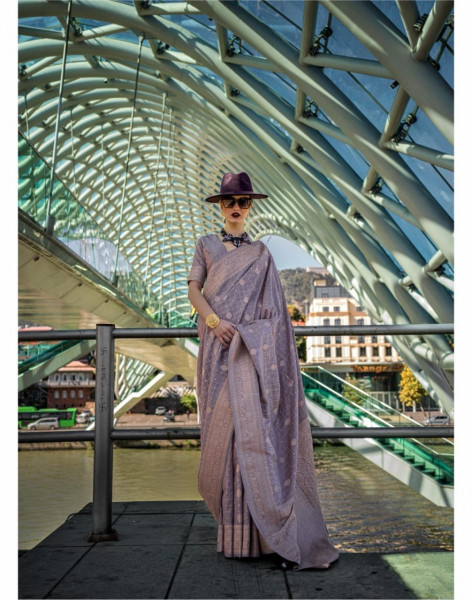 Image of Lavender Pure Handloom Banarasi Silk Rich Zari Weaved Saree