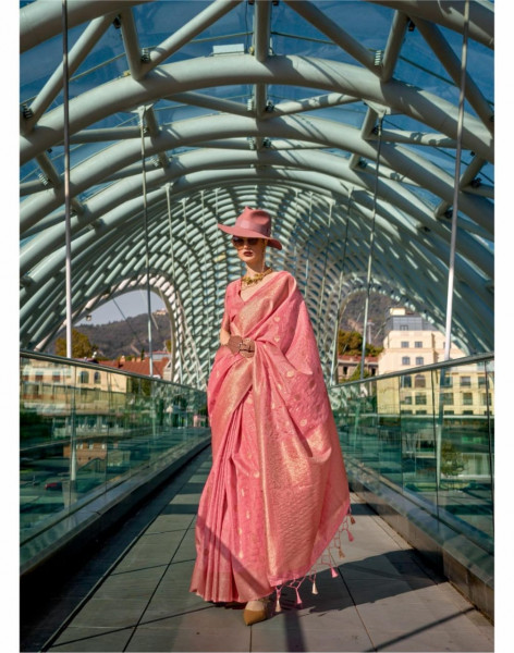 Image of Pink Pure Handloom Banarasi Silk Rich Zari Weaved Saree