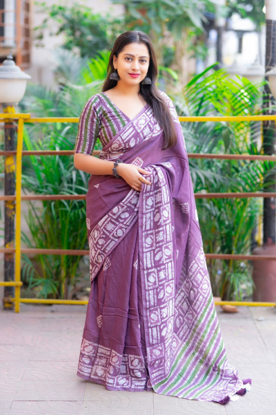 Image of Purple Pure Cotton Chanderi Hand Block Printed Saree