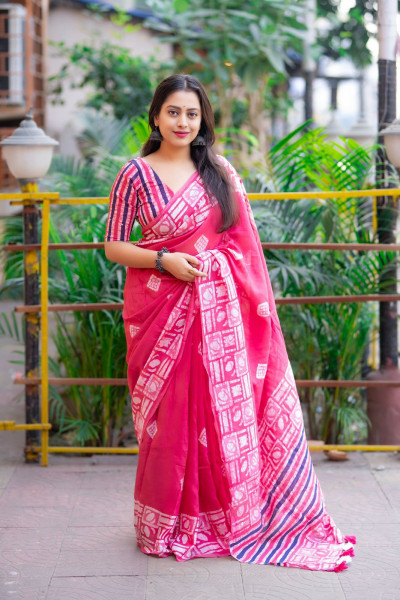 Image of Raani Pure Cotton Chanderi Hand Block Printed Saree