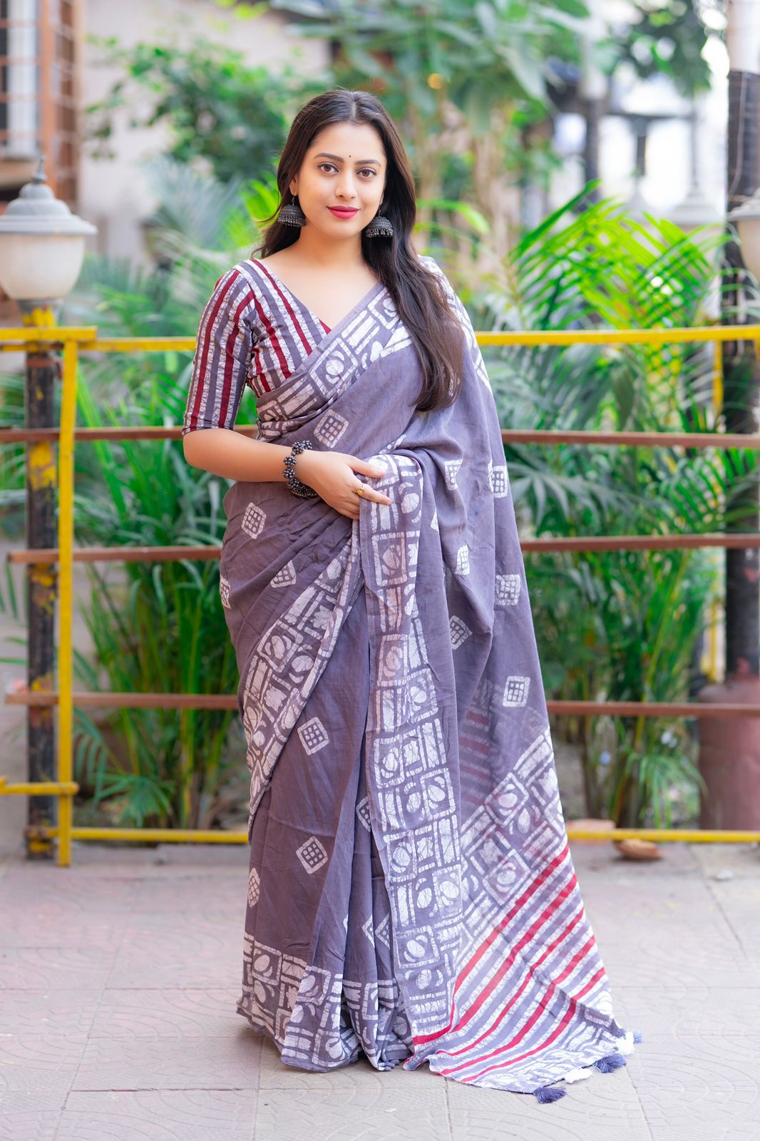Graphite Pure Cotton Chanderi Hand Block Printed Saree