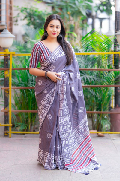 Image of Graphite Pure Cotton Chanderi Hand Block Printed Saree