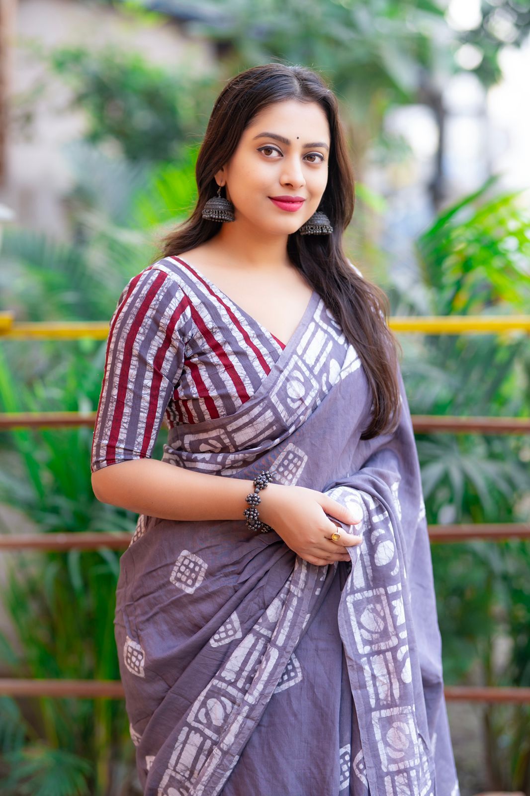 Graphite Pure Cotton Chanderi Hand Block Printed Saree