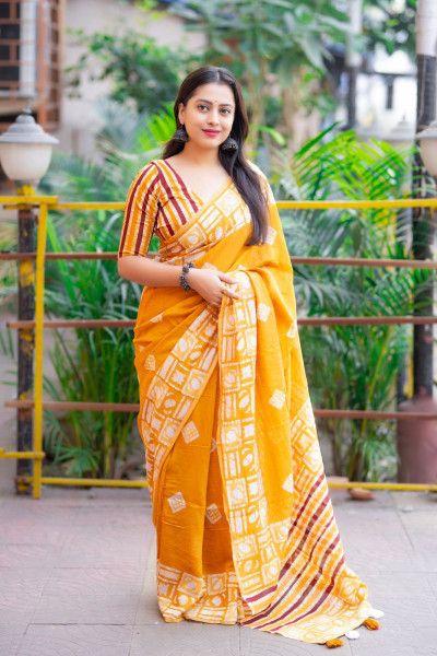Image of Gold Pure Cotton Chanderi Hand Block Printed Saree