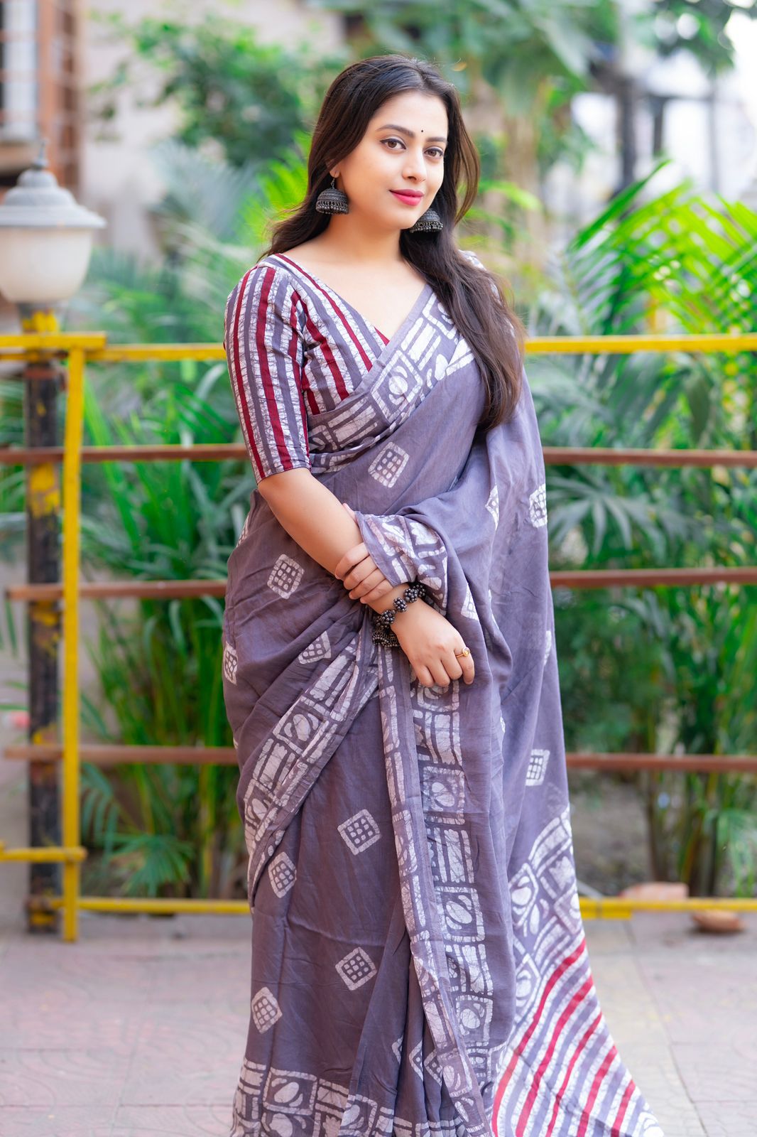 Graphite Pure Cotton Chanderi Hand Block Printed Saree