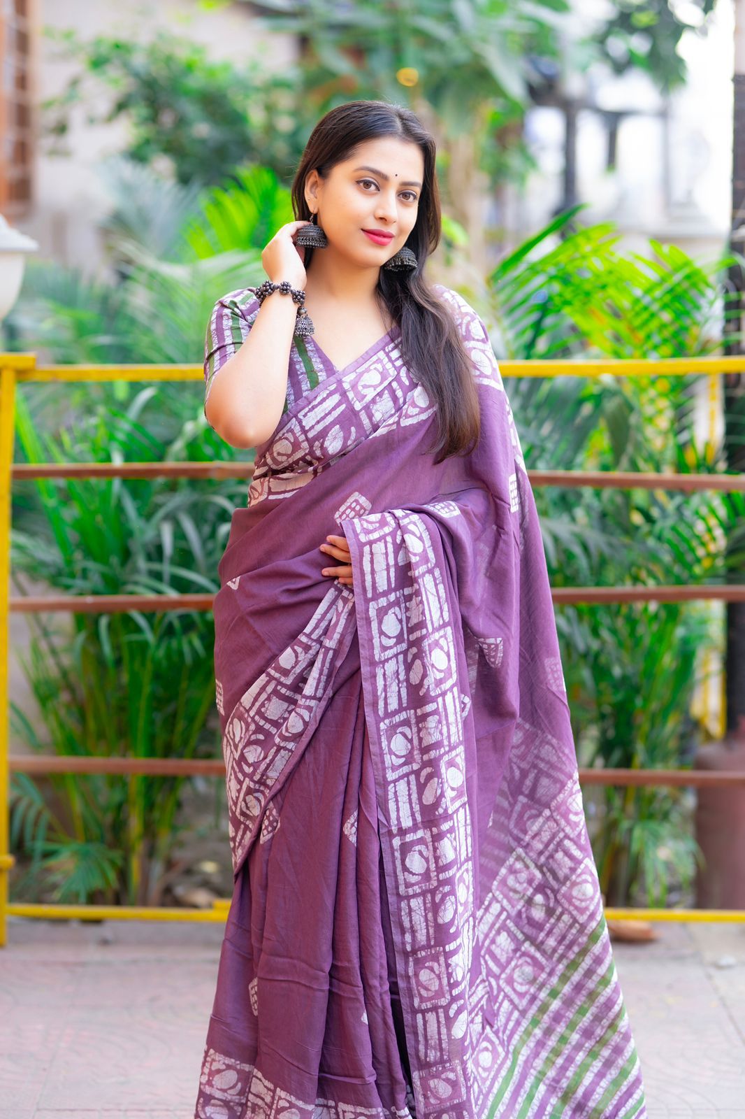 Purple Pure Cotton Chanderi Hand Block Printed Saree