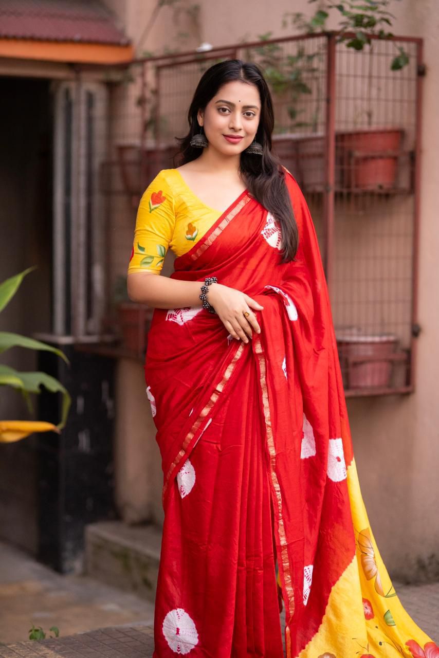Red Pure Cotton Bandhej Shibori Printed Saree