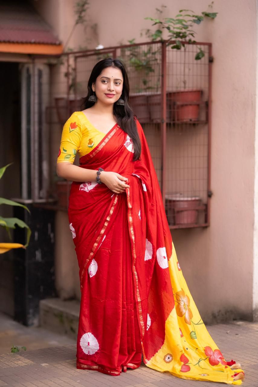Red Pure Cotton Bandhej Shibori Printed Saree