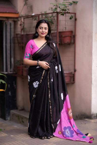 Image of Black Pure Cotton Bandhej Shibori Print Saree