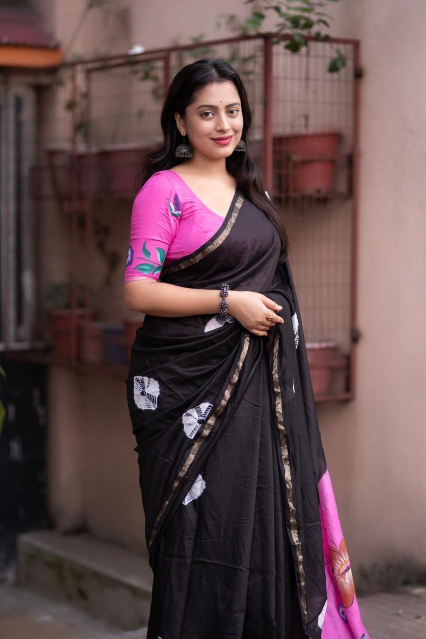 Black Pure Cotton Bandhej Shibori Print Saree