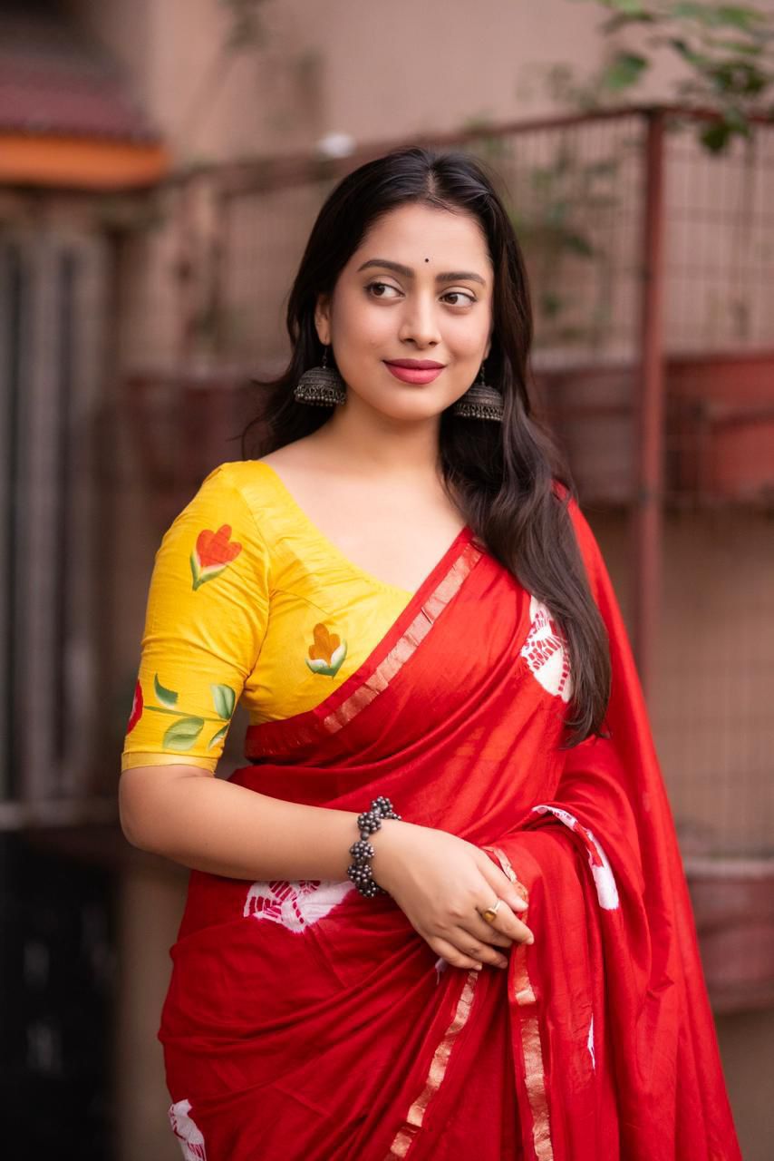 Red Pure Cotton Bandhej Shibori Printed Saree