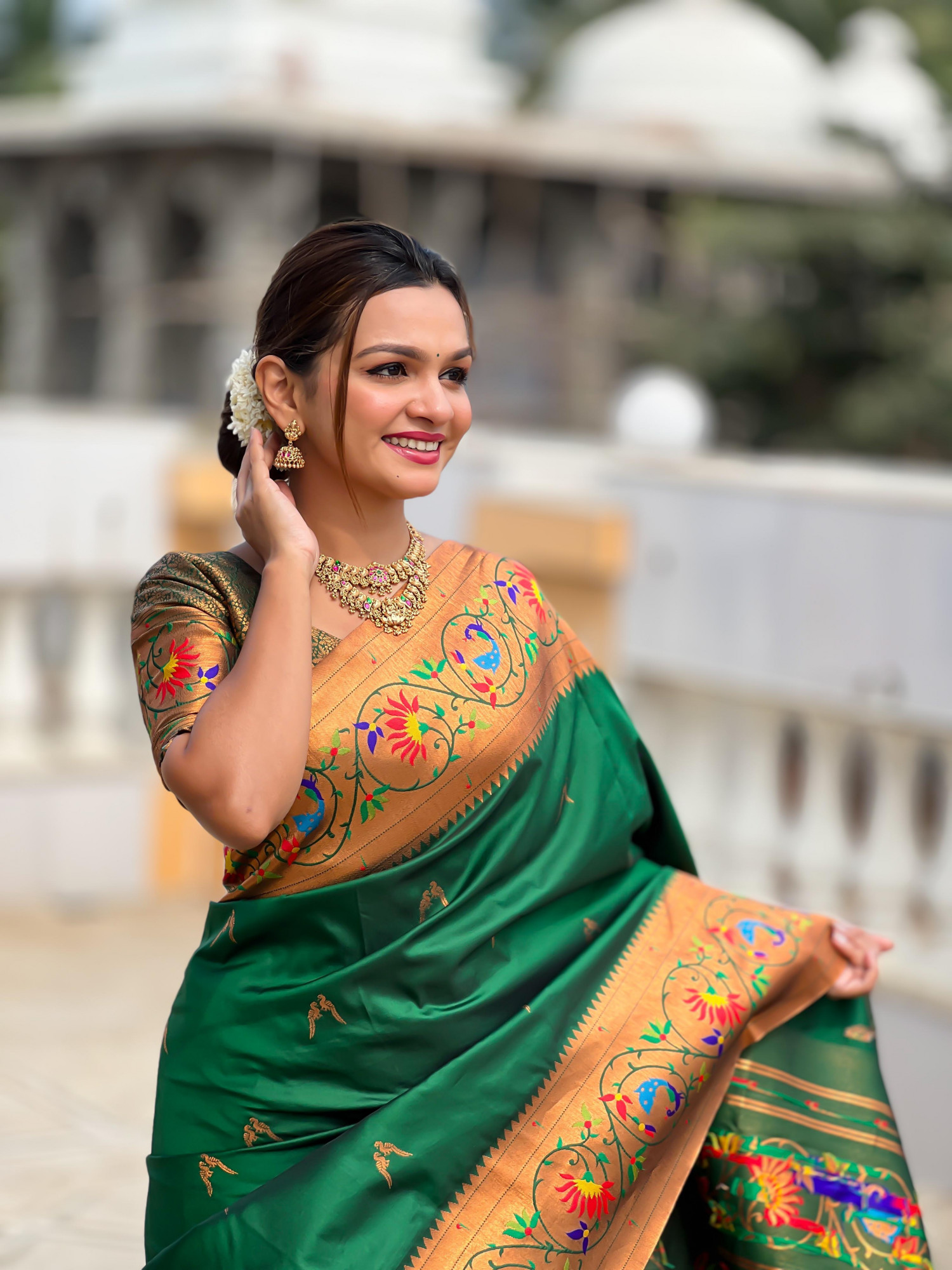 Bottle Green Pure Banarasi Paithani Silk Zari Meenakari Weaved Saree