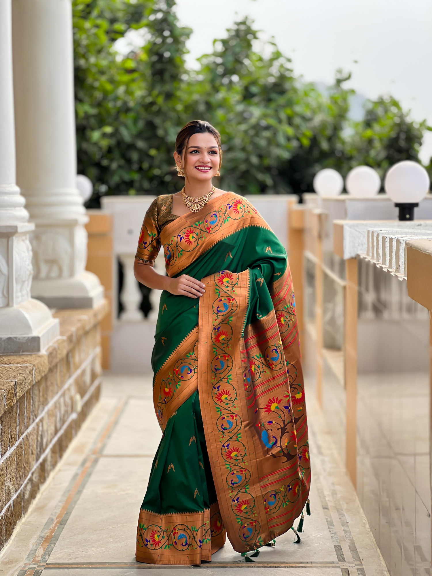 Bottle Green Pure Banarasi Paithani Silk Zari Meenakari Weaved Saree