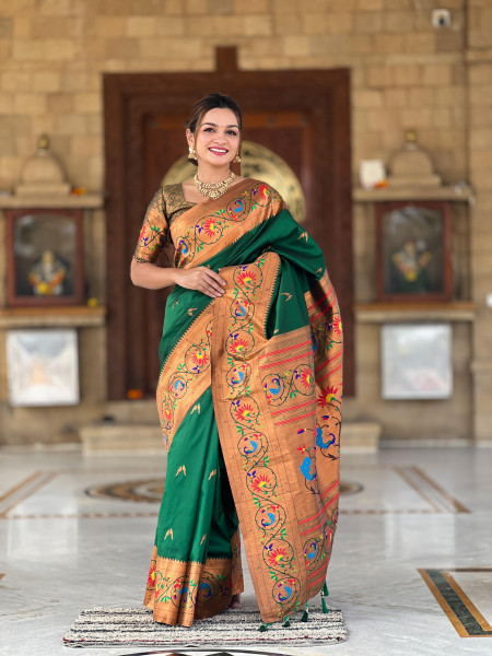 Image of Bottle Green Pure Banarasi Paithani Silk Zari Meenakari Weaved Saree