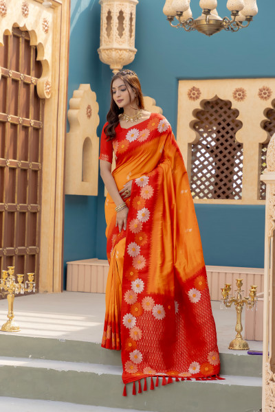 Image of Orange Banarasi Silk Zari Weaved Rich Pallu Saree