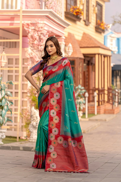 Image of Mint Green Banarasi Silk Zari Weaved Rich Pallu Saree