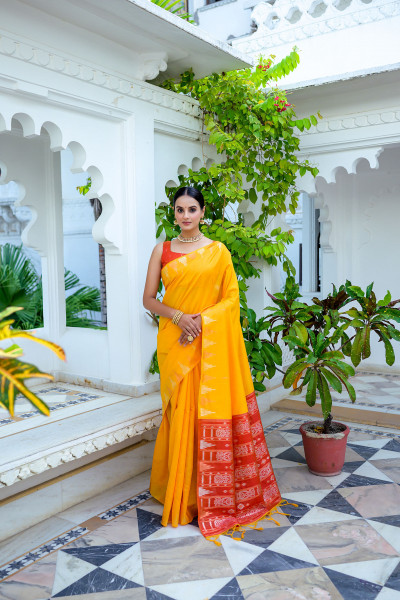Image of Yellow Soft Tussar Silk Jamdani Zari Weaved Saree