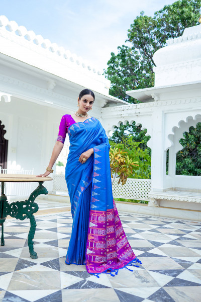 Image of Royal Blue Soft Tussar Silk Jamdani Zari Weaved Saree