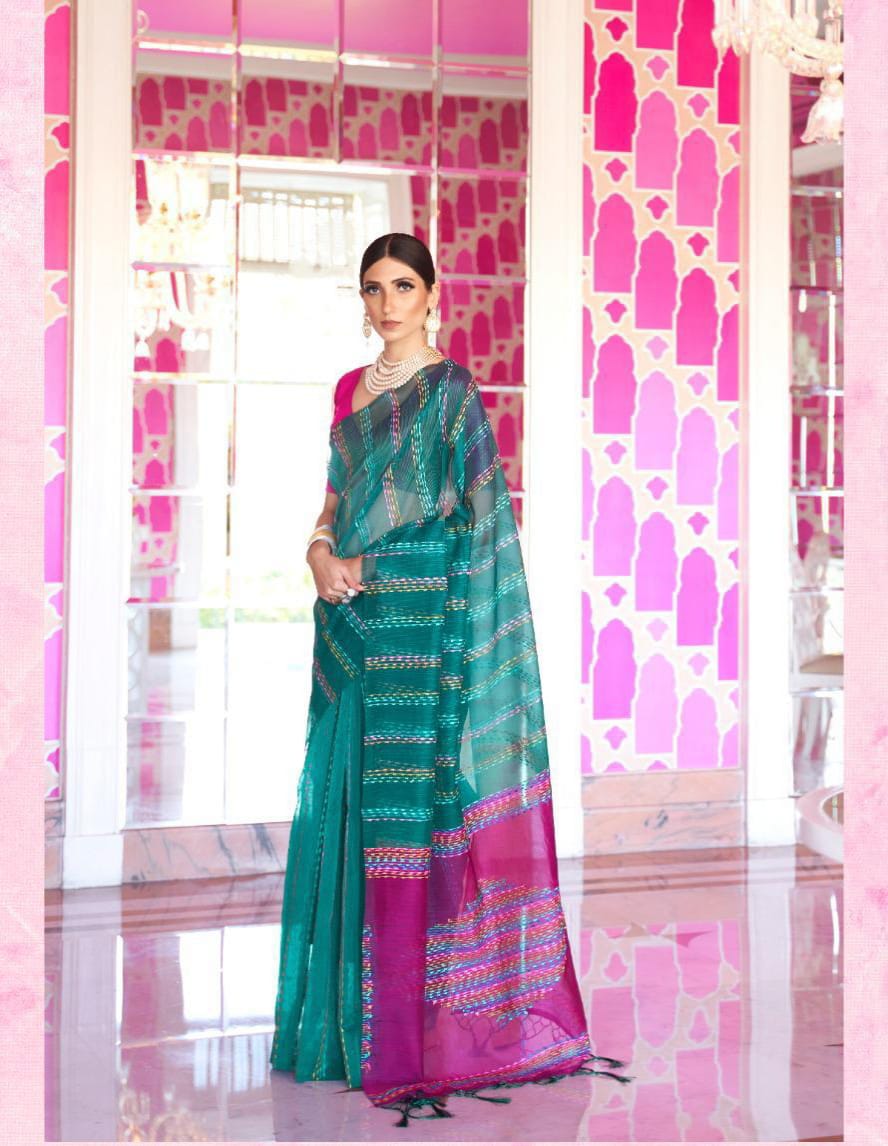 Jade Green Pure Chanderi Cotton Multi Color Tye And Dye Thread Work Pattu Border Saree