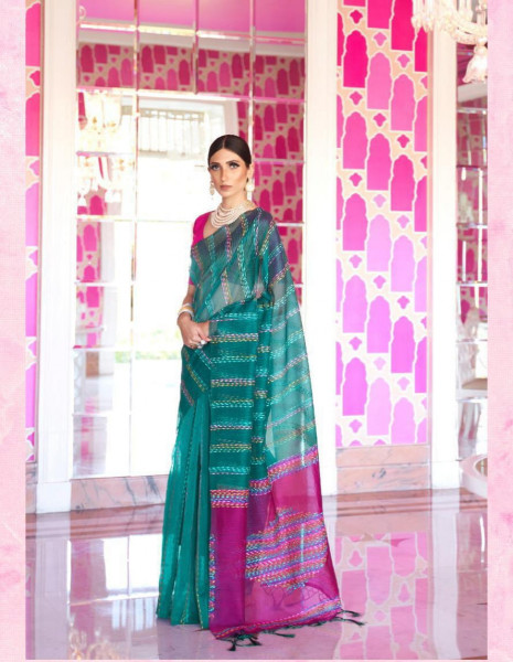 Image of Jade Green Pure Chanderi Cotton Multi Color Tye And Dye Thread Work Pattu Border Saree