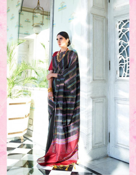 Image of Black Pure Chanderi Cotton Multi Color Tye And Dye Thread Work Pattu Border Saree