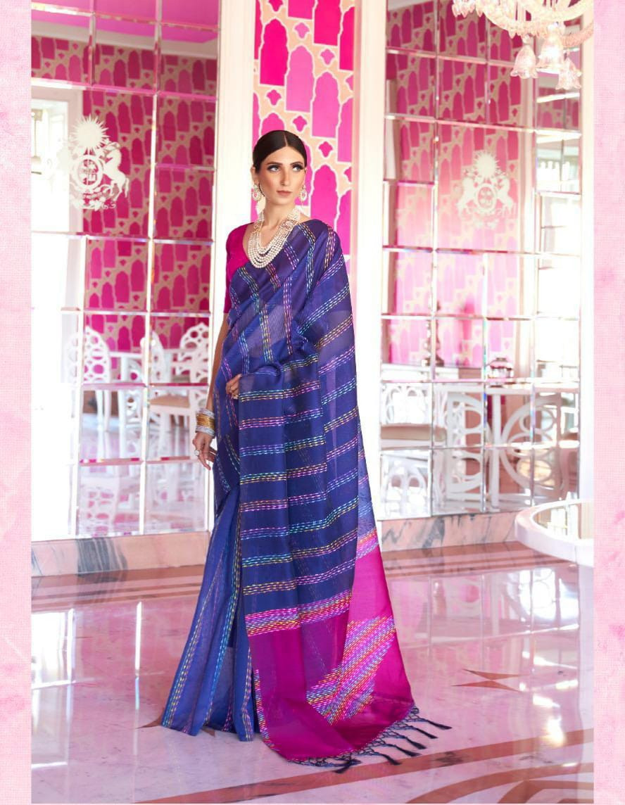 Navy Blue Pure Chanderi Cotton Multi Color Tye And Dye Thread Work Pattu Border Saree