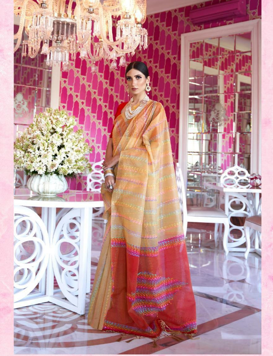 Cream Pure Chanderi Cotton Multi Color Tye And Dye Thread Work Pattu Border Saree