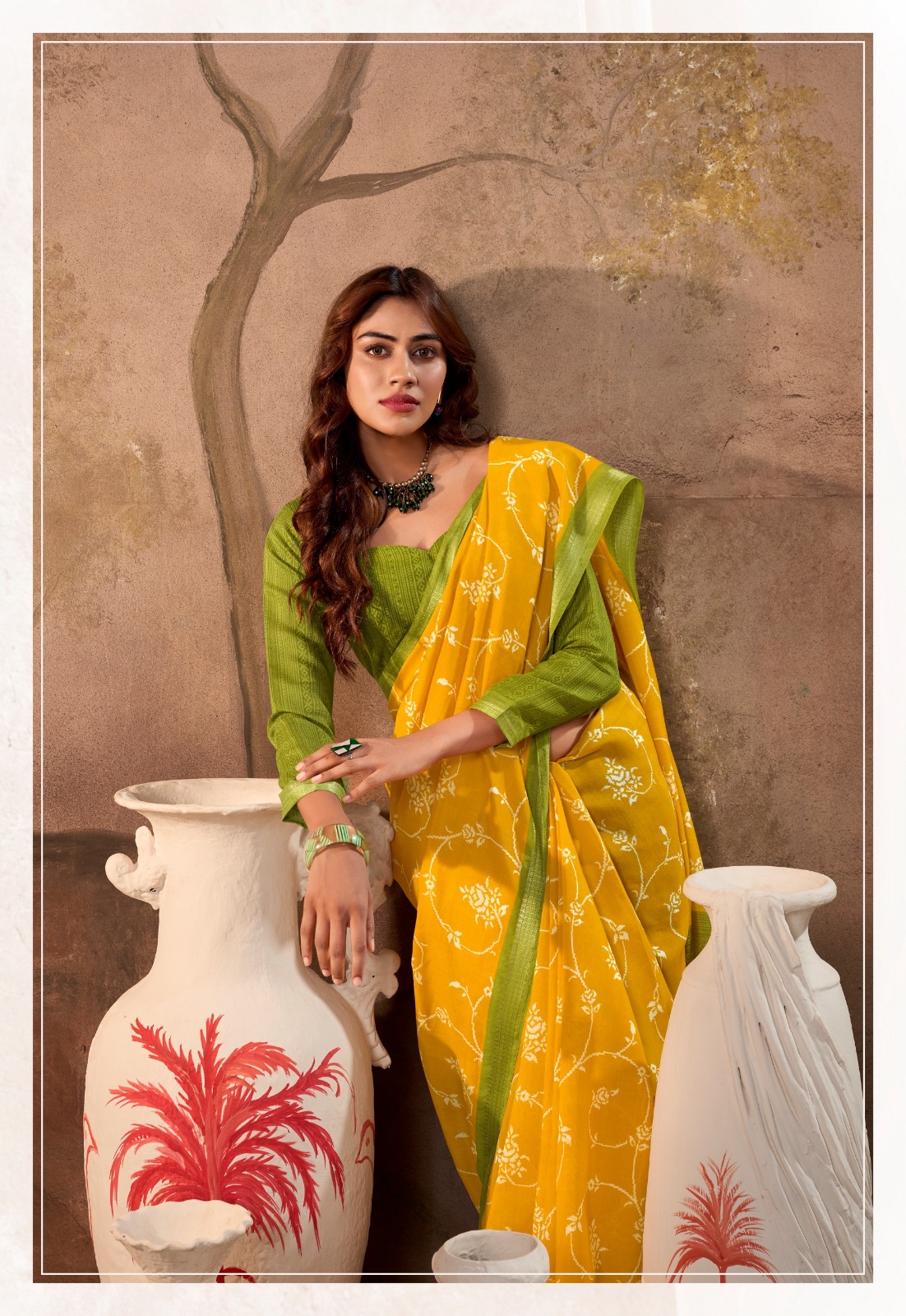 Yellow Pure Cotton Digital Printed With Contrast Zari Border Blouse Saree