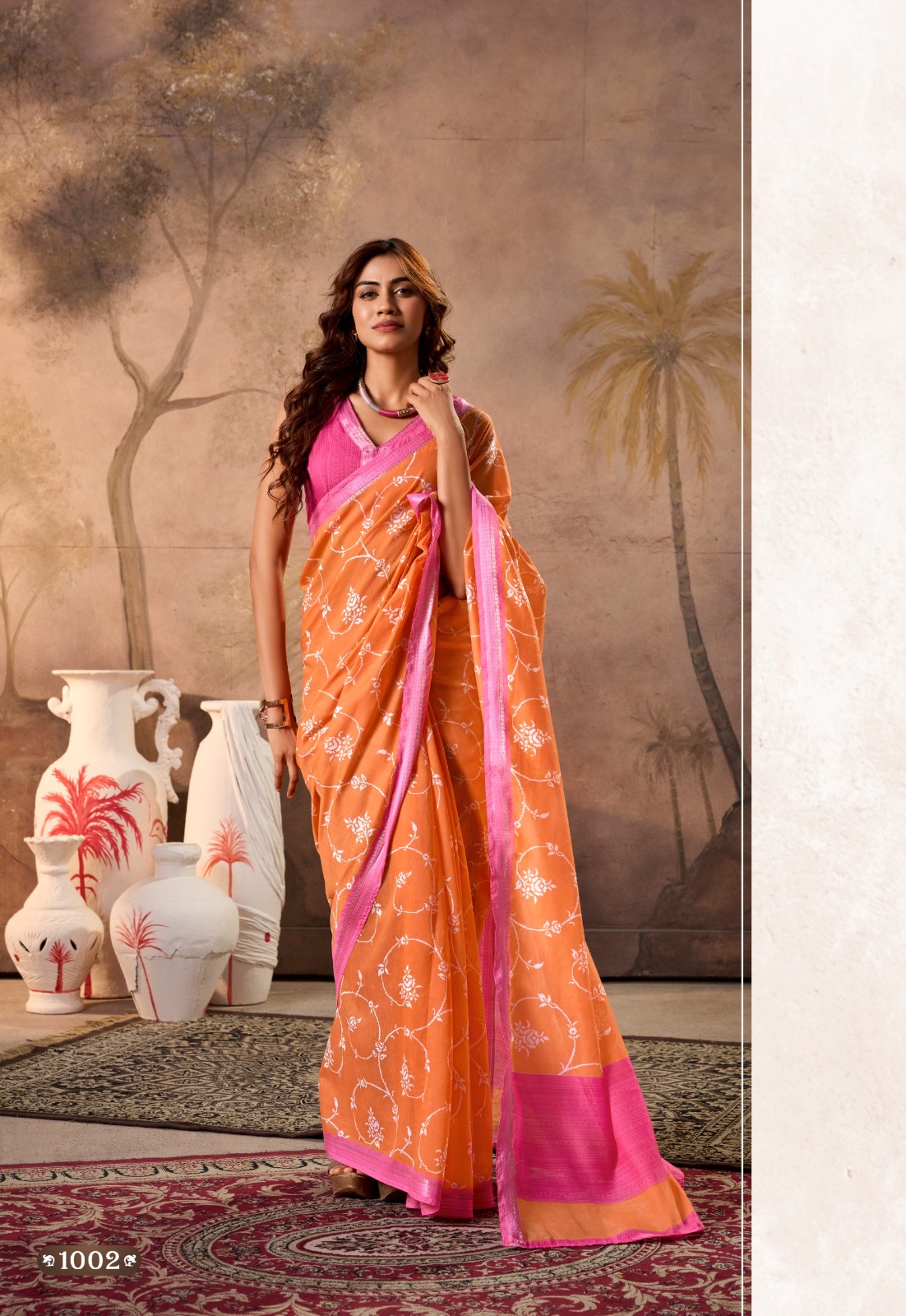 Orange Pure Cotton Digital Printed Contrast Zari Border Blouse Saree
