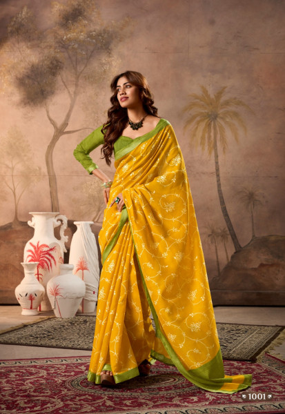 Image of Yellow Pure Cotton Digital Printed With Contrast Zari Border Blouse Saree
