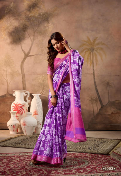 Image of Lavender Pure Cotton Digital Printed With Contrast Zari Border Blouse Saree