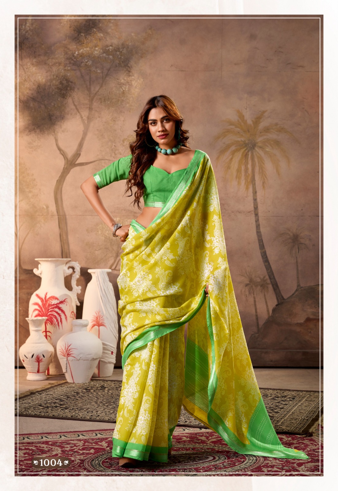 Mehendi Green Pure Cotton Digital Printed With Contrast Zari Border Blouse Saree