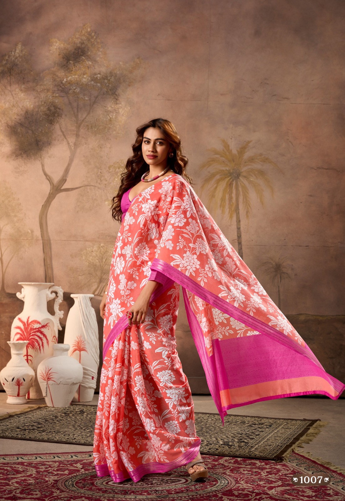 Pink Pure Cotton Digital Printed With Contrast Zari Border Blouse Saree
