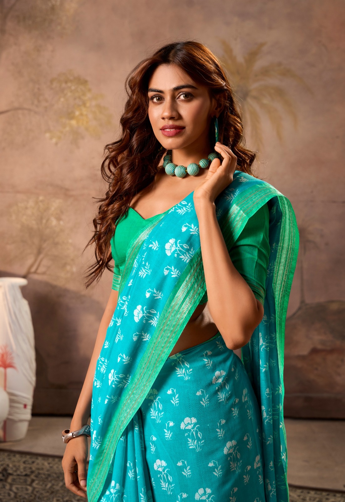Sky Blue Pure Cotton Digital Printed With Contrast Zari Border Blouse Saree