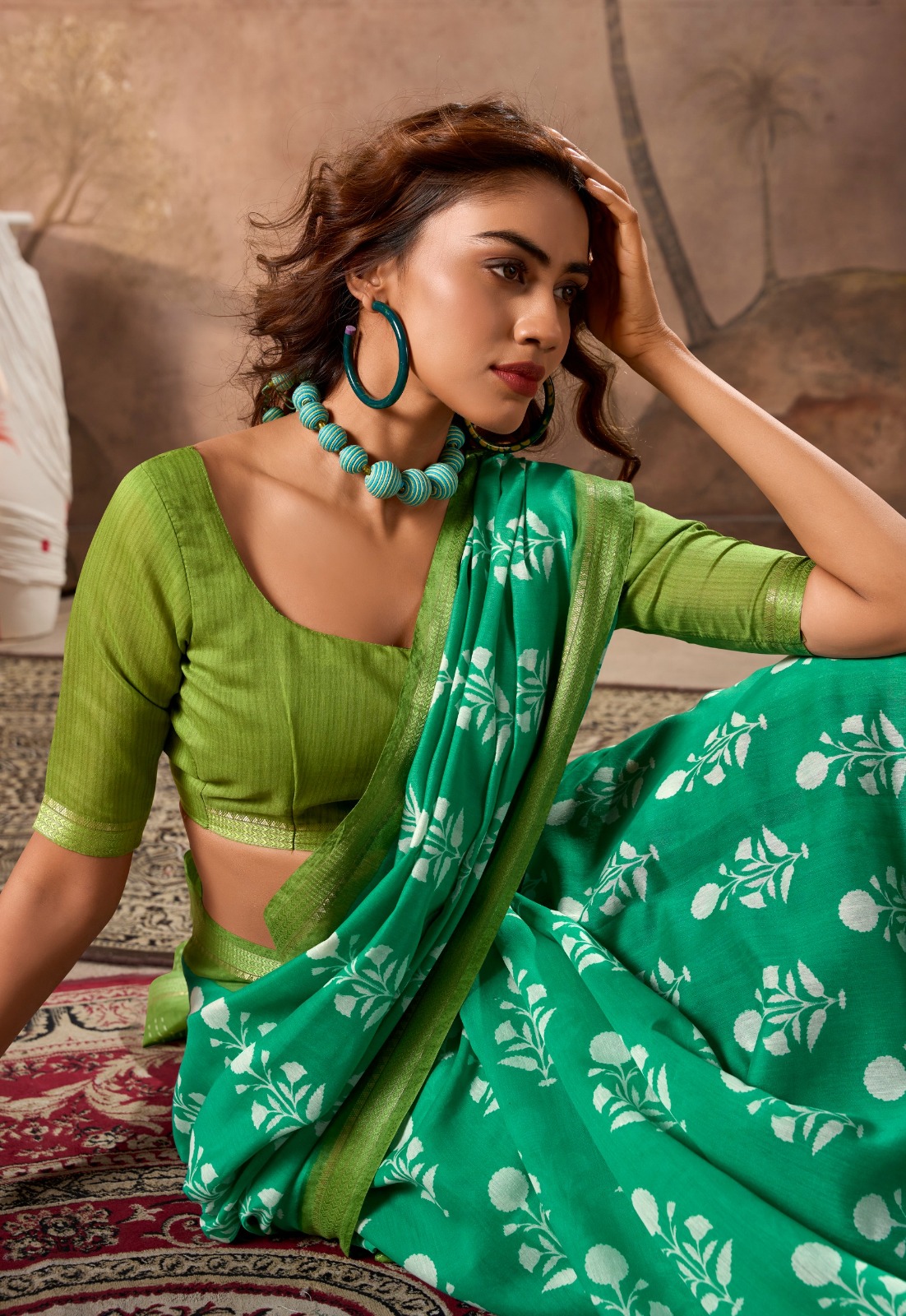 C-Green Pure Cotton Digital Printed With Contrast Zari Border Blouse Saree