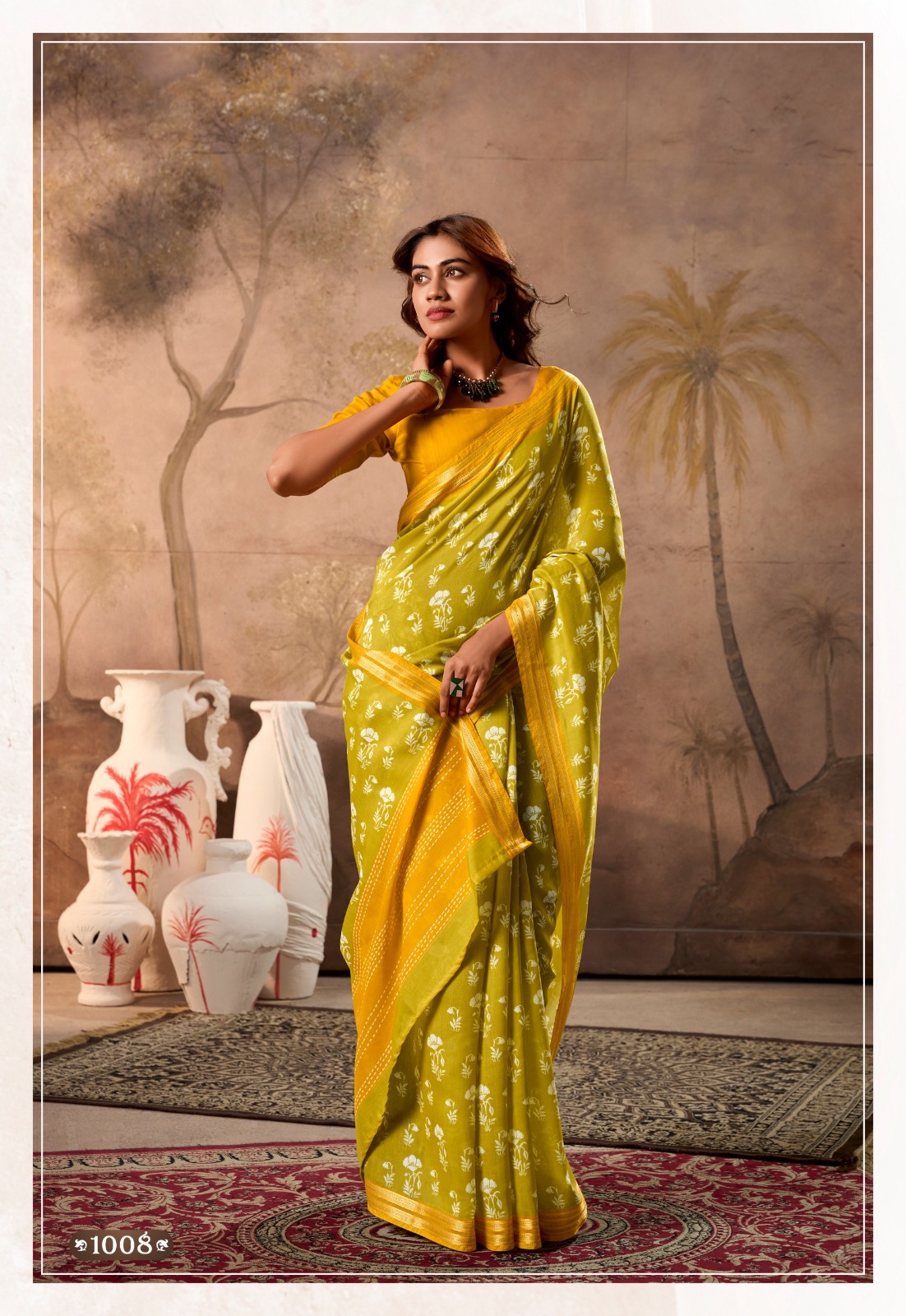 Mehendi Pure Cotton Digital Printed With Contrast Zari Border Blouse Saree