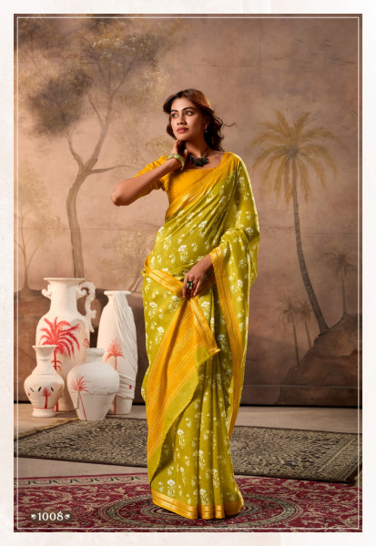 Image of Mehendi Pure Cotton Digital Printed With Contrast Zari Border Blouse Saree