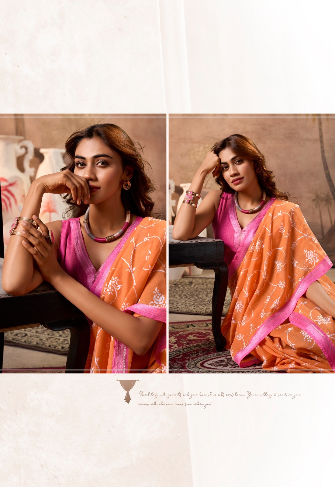 Orange Pure Cotton Digital Printed Contrast Zari Border Blouse Saree