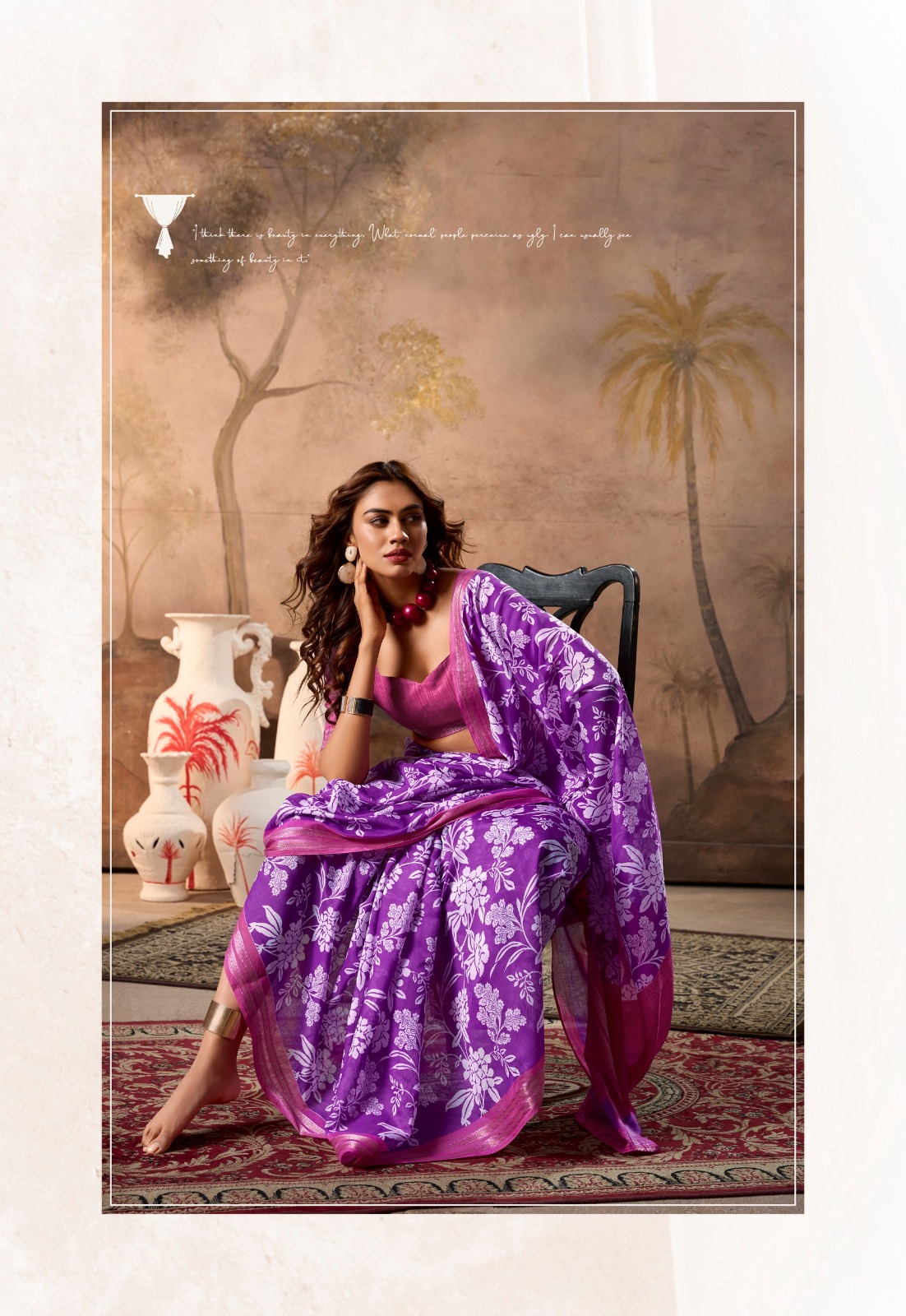 Lavender Pure Cotton Digital Printed With Contrast Zari Border Blouse Saree