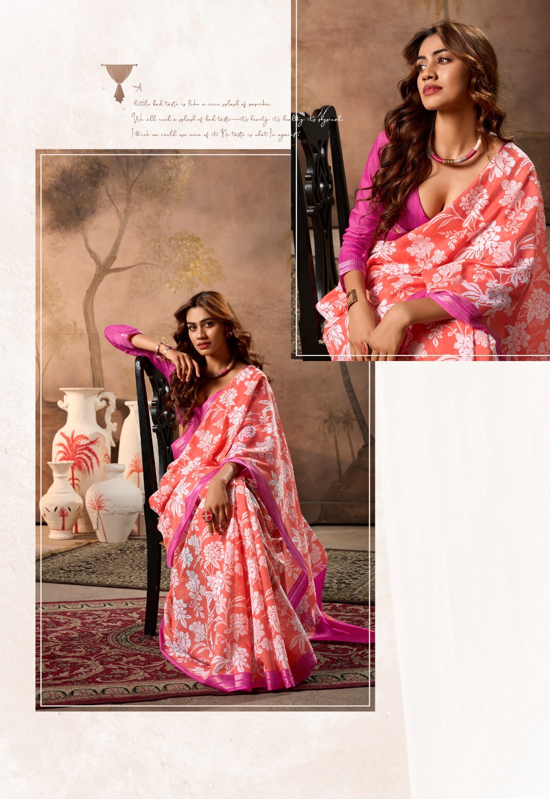 Pink Pure Cotton Digital Printed With Contrast Zari Border Blouse Saree