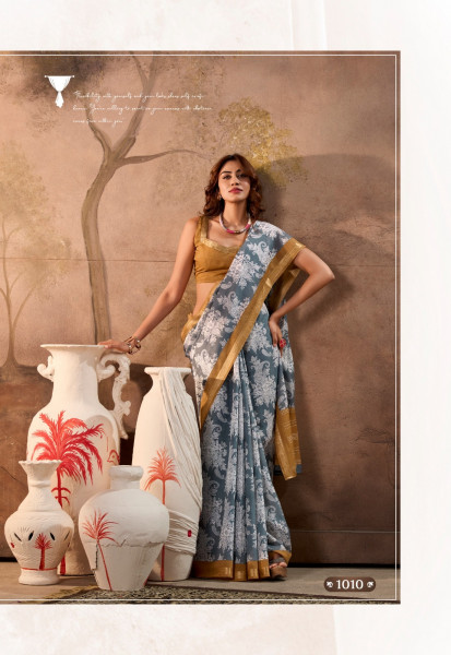 Image of Gray Pure Cotton Digital Printed With Contrast Zari Border Blouse Saree