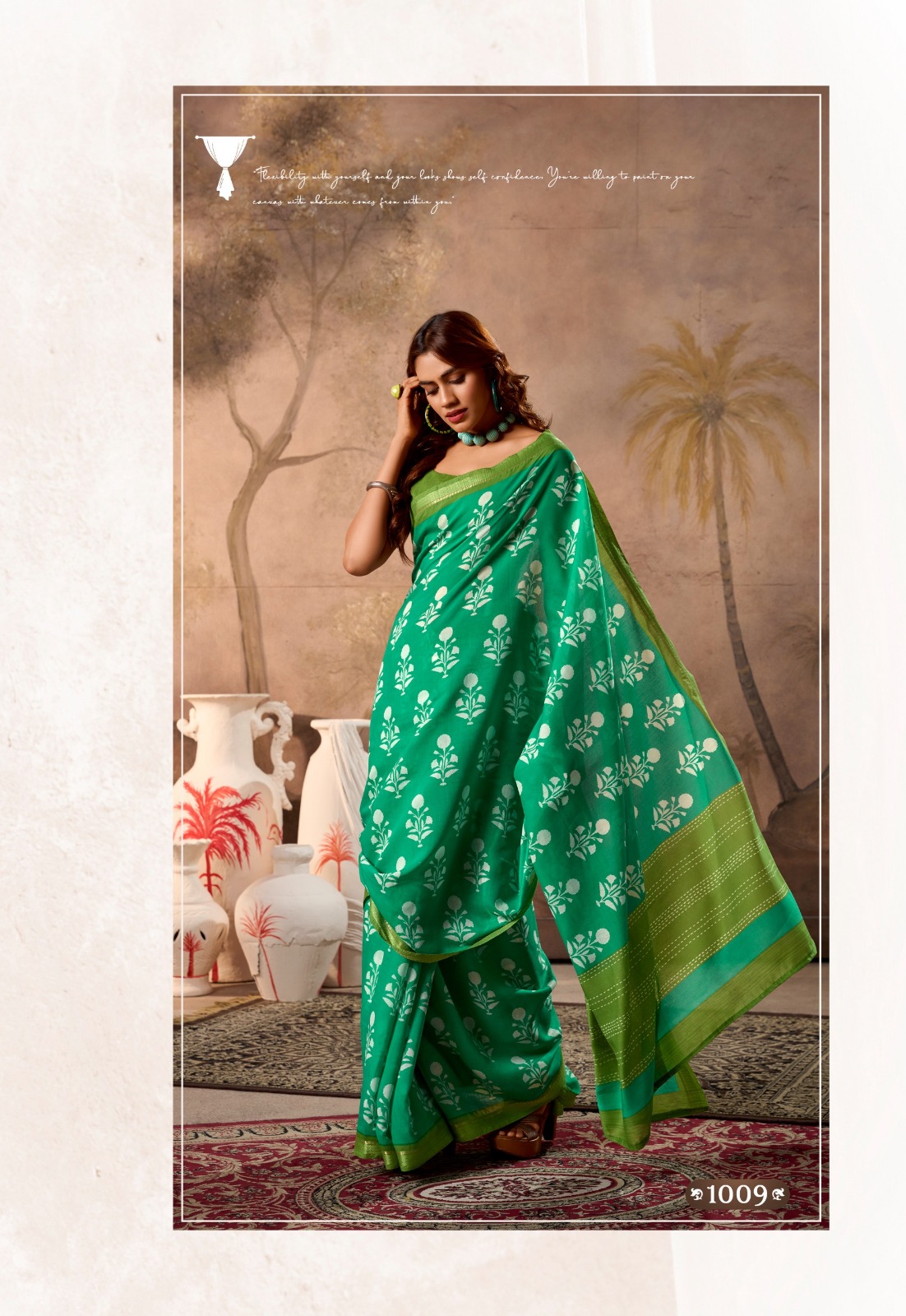 C-Green Pure Cotton Digital Printed With Contrast Zari Border Blouse Saree