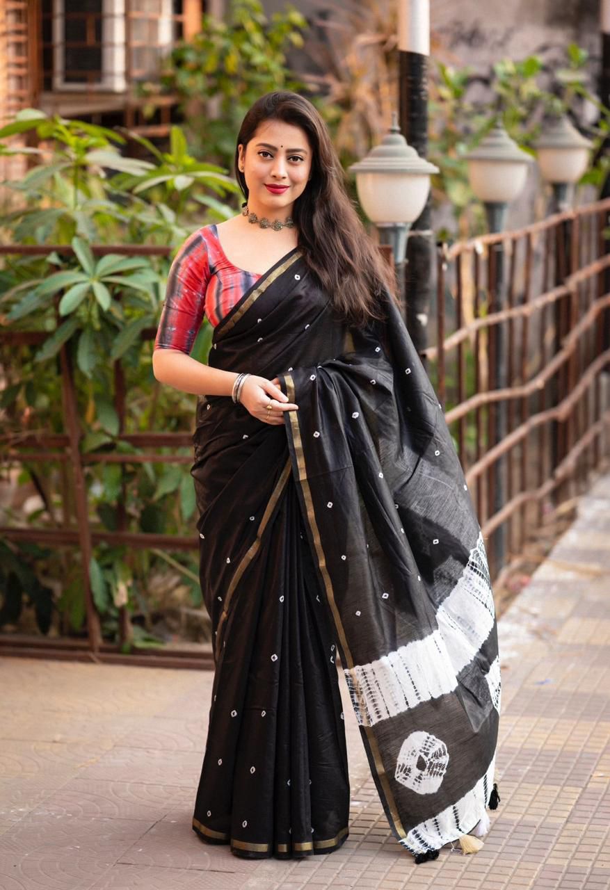 Black Pure Cotton Bandhej Shibori Printed Saree