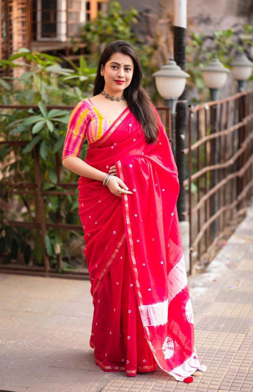 Red Pure Cotton Bandhej Shibori Printed Saree