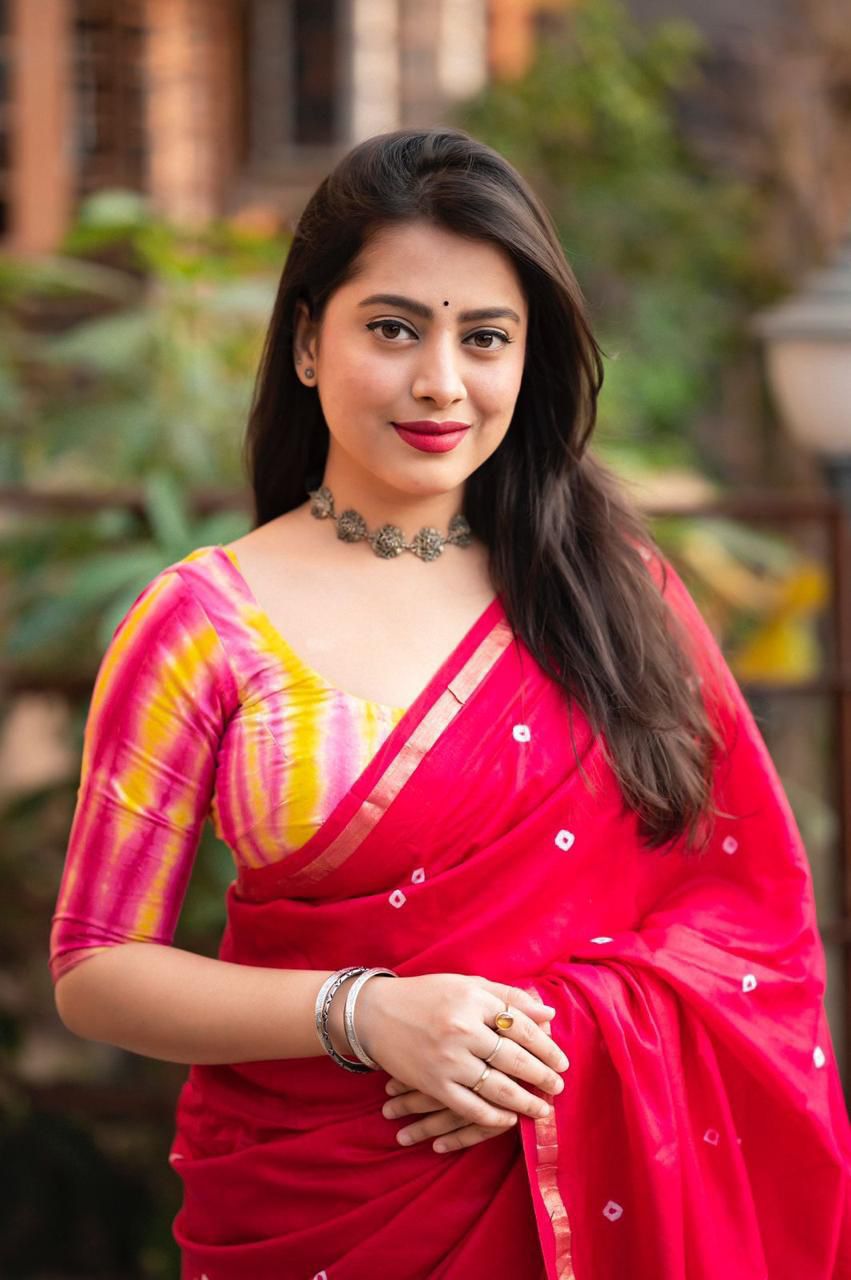 Red Pure Cotton Bandhej Shibori Printed Saree