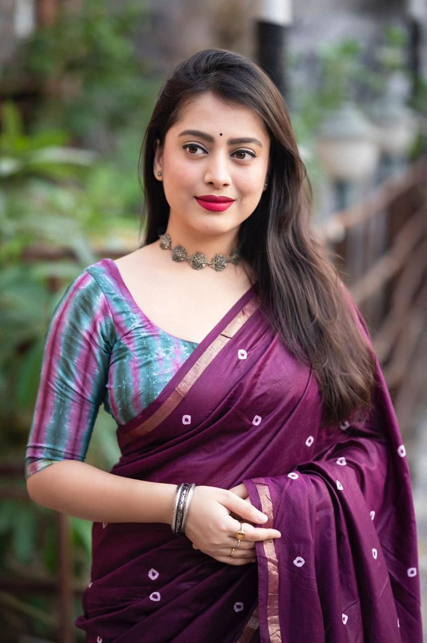 Purple Pure Cotton Bandhej Shibori Printed Saree